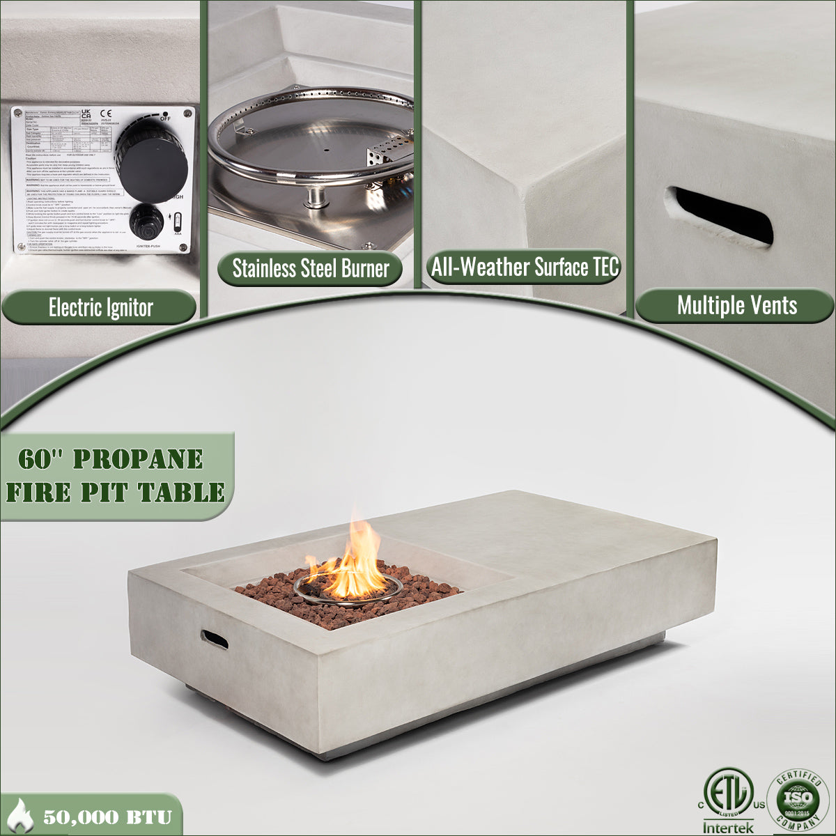 AJ Enjoy 60'' Rectangular Concrete Propane/Natural Gas Fire Pit Table