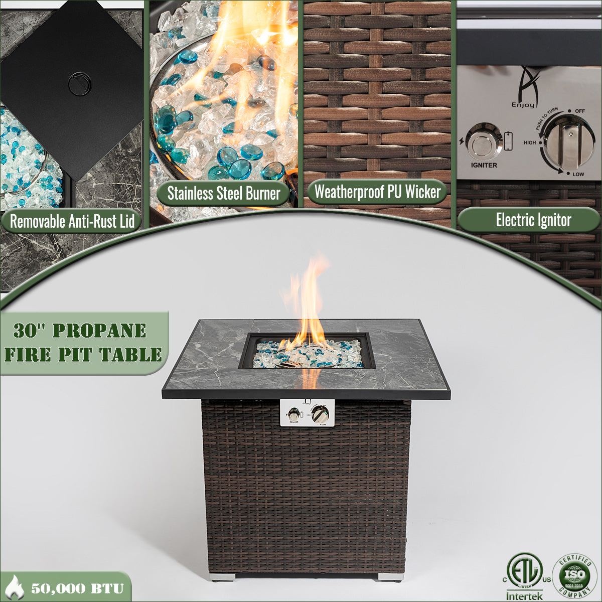 AJ Enjoy 30'' Square Wicker Propane/Natural Gas Fire Pit Table