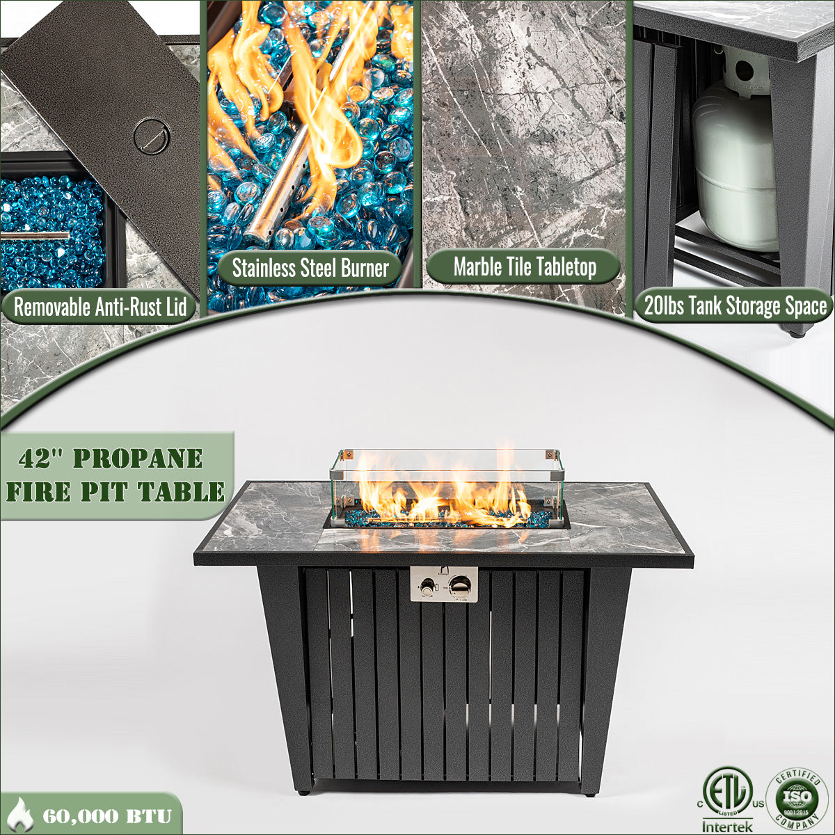 AJ Enjoy 42'' Rectangular Propane/Natural Gas Fire Pit Table with Glass Wind Guard