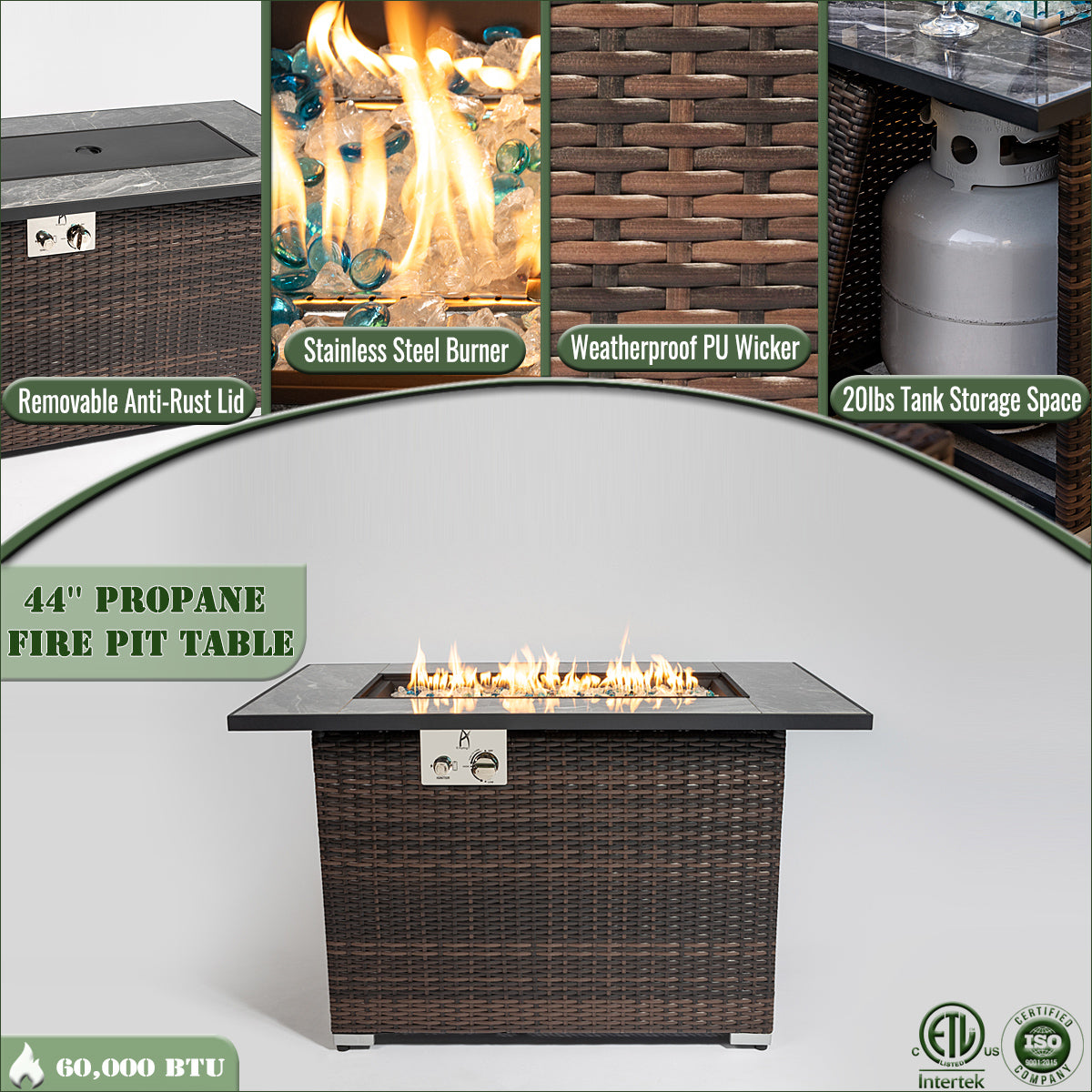 AJ Enjoy 44'' Rectangular Wicker Propane/Natural Gas Fire Pit Table with Glass Wind Guard