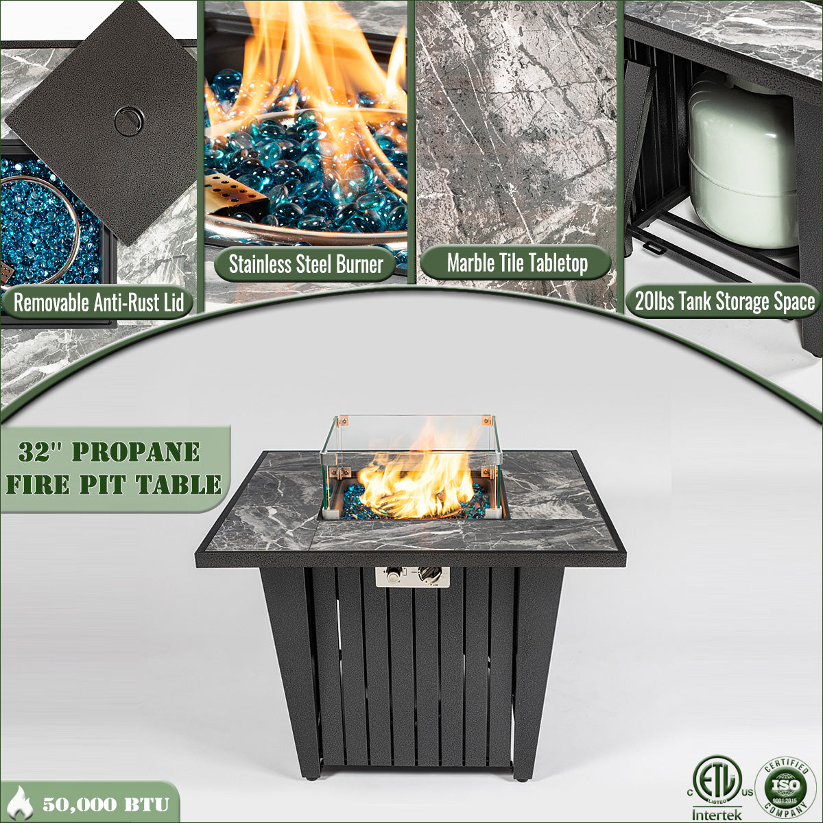 AJ Enjoy 32'' Square Propane/Natural Gas Fire Pit Table with Glass Wind Guard
