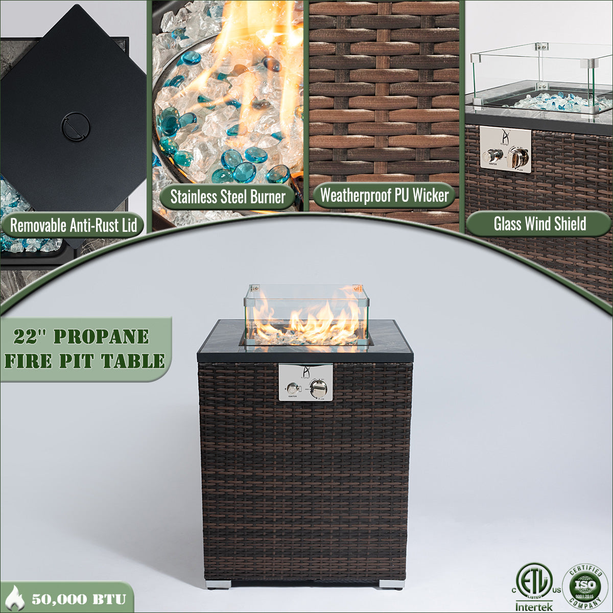 AJ Enjoy 22'' Square Wicker Propane/Natural Gas Fire Pit Table with Glass Wind Guard