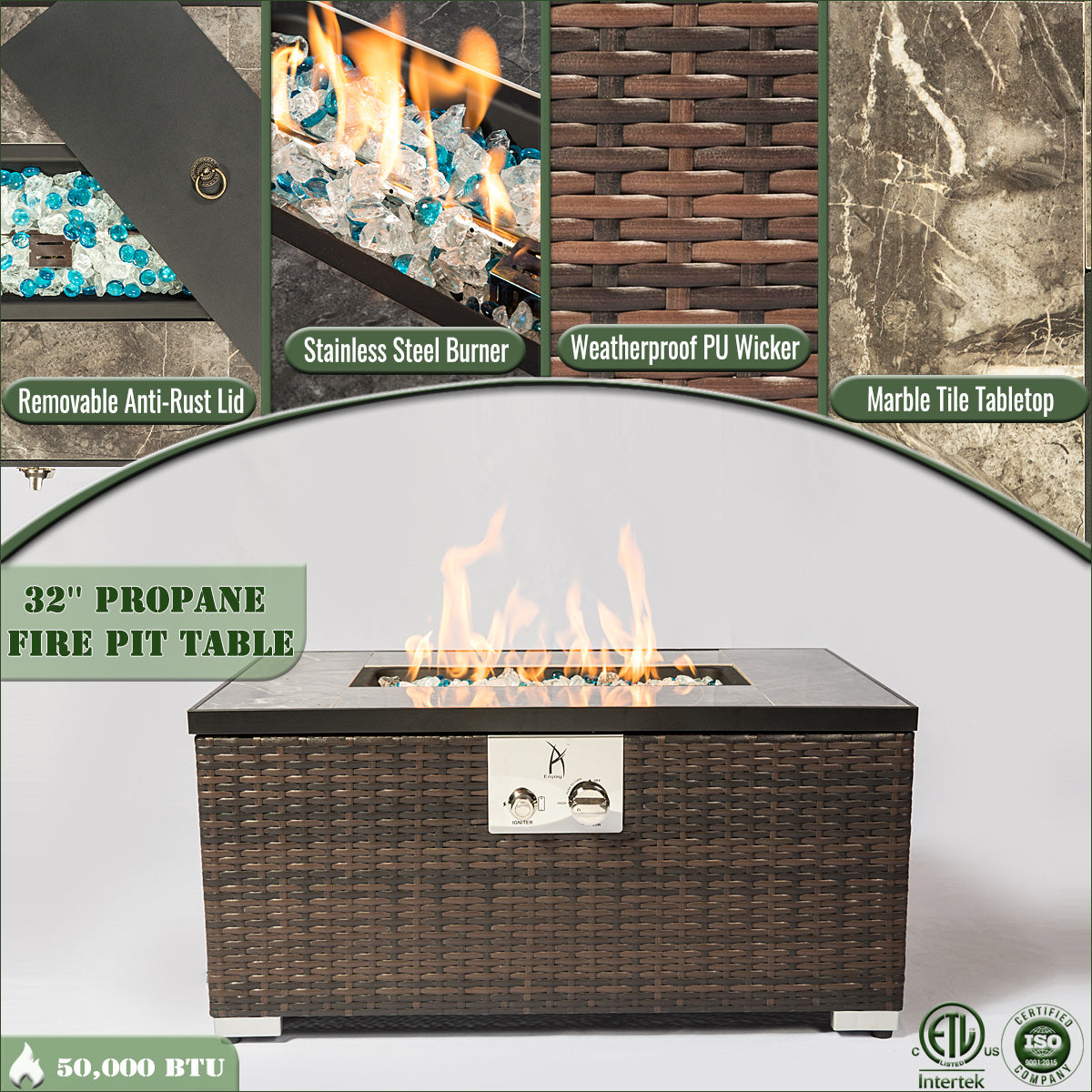 AJ Enjoy 32'' Rectangular Wicker Propane/Natural Gas Fire Pit Table, 3 Colors