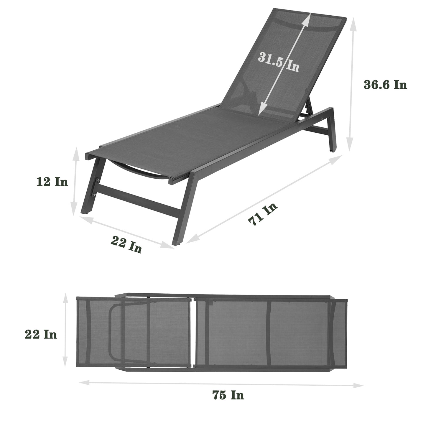 Outdoor Chaise Lounge Chair, Five-Position Adjustable Aluminum Recliner, All Weather for Patio,Beach,Yard, Pool(Grey Frame/Dark Grey Fabric)