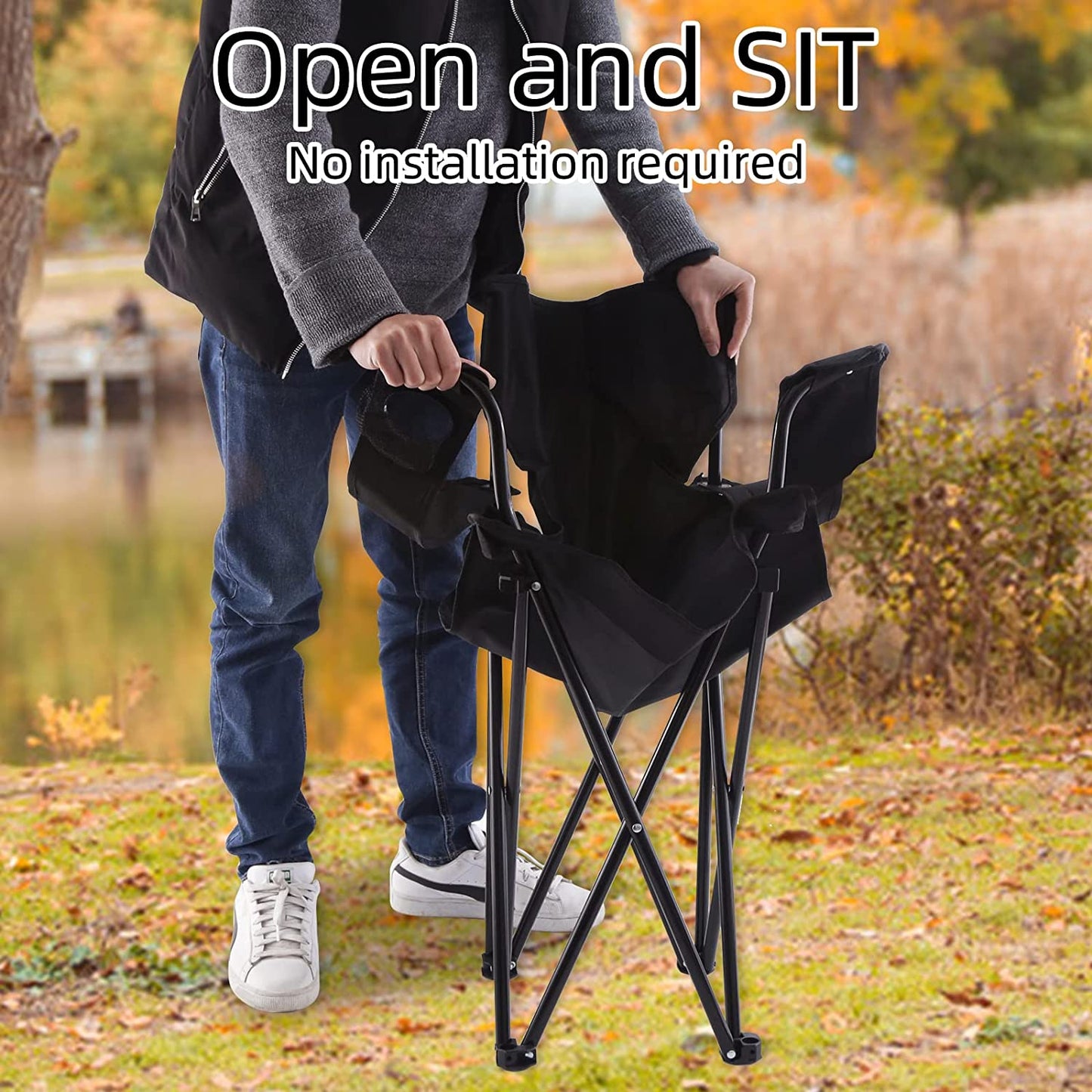Portable Folding Black Camping Chair, Large