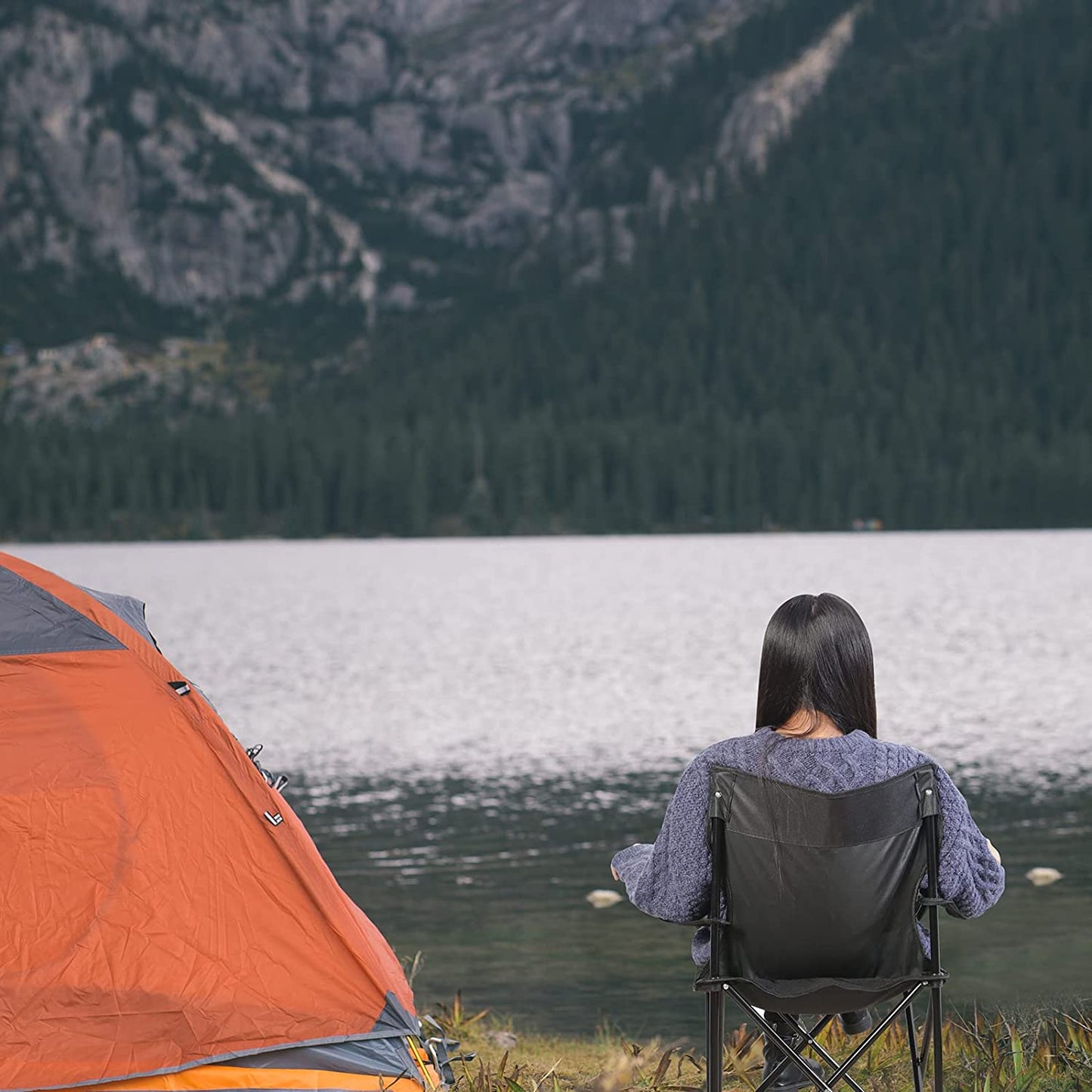 Portable Folding Black Camping Chair, Large