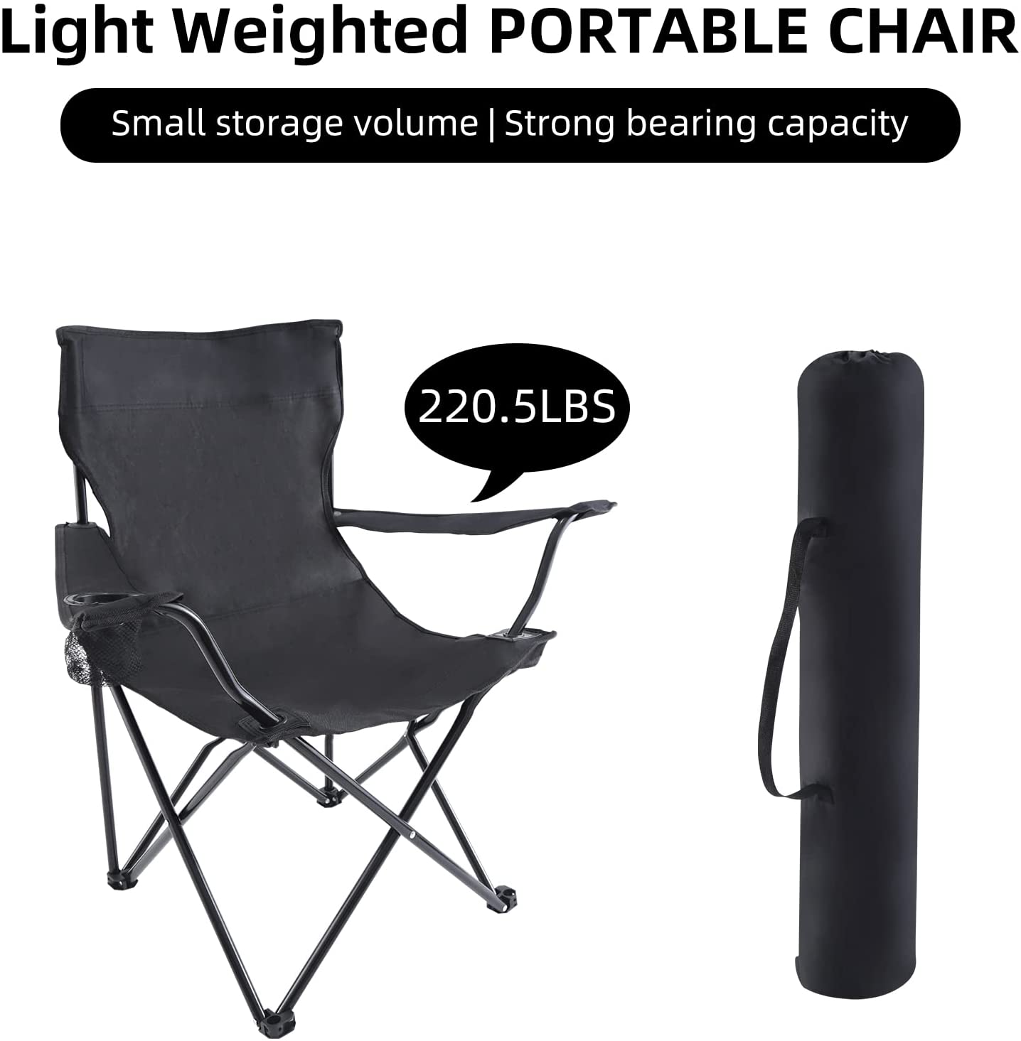 Portable Folding Black Camping Chair, Large
