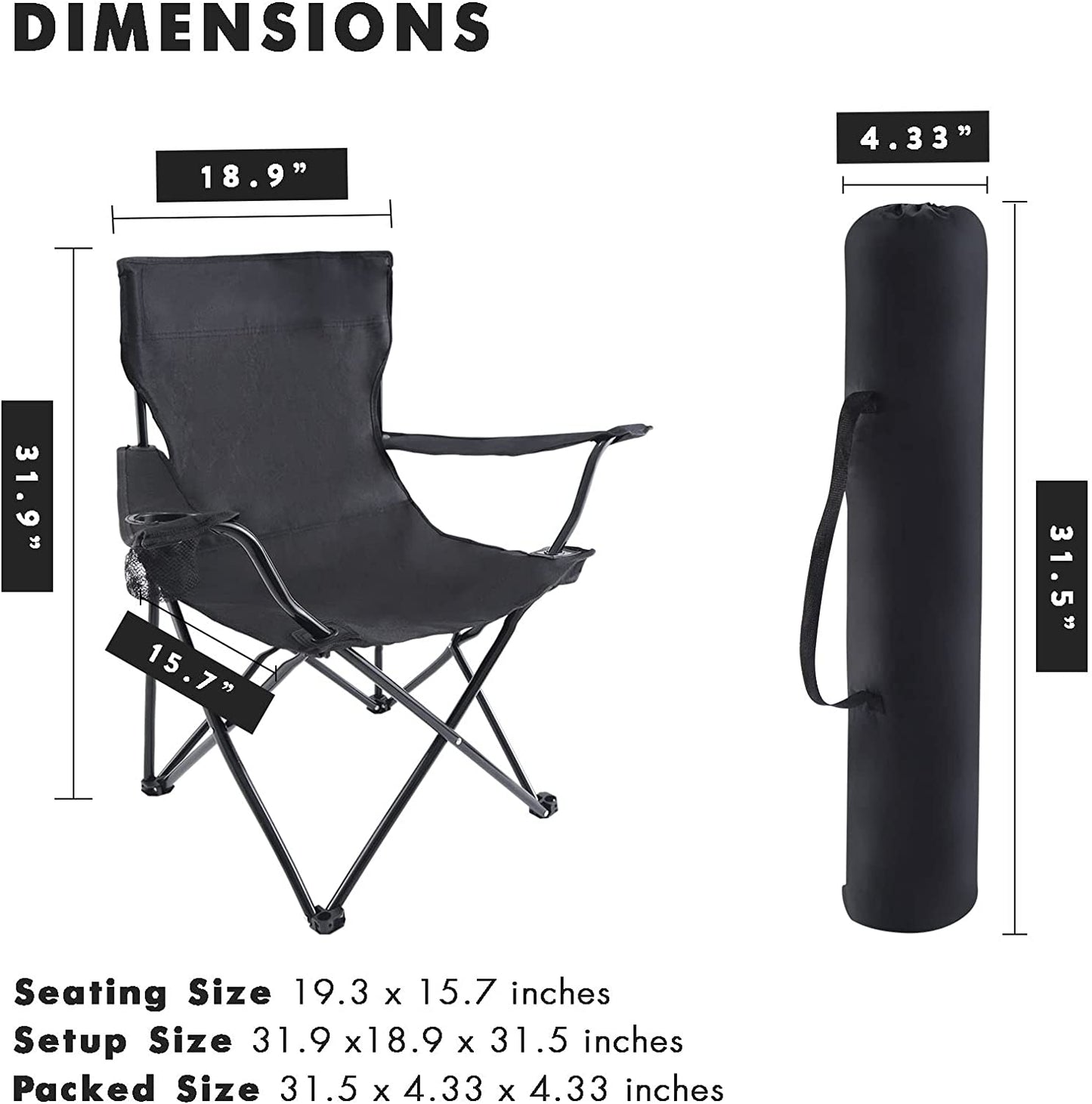 Portable Folding Black Camping Chair, Large