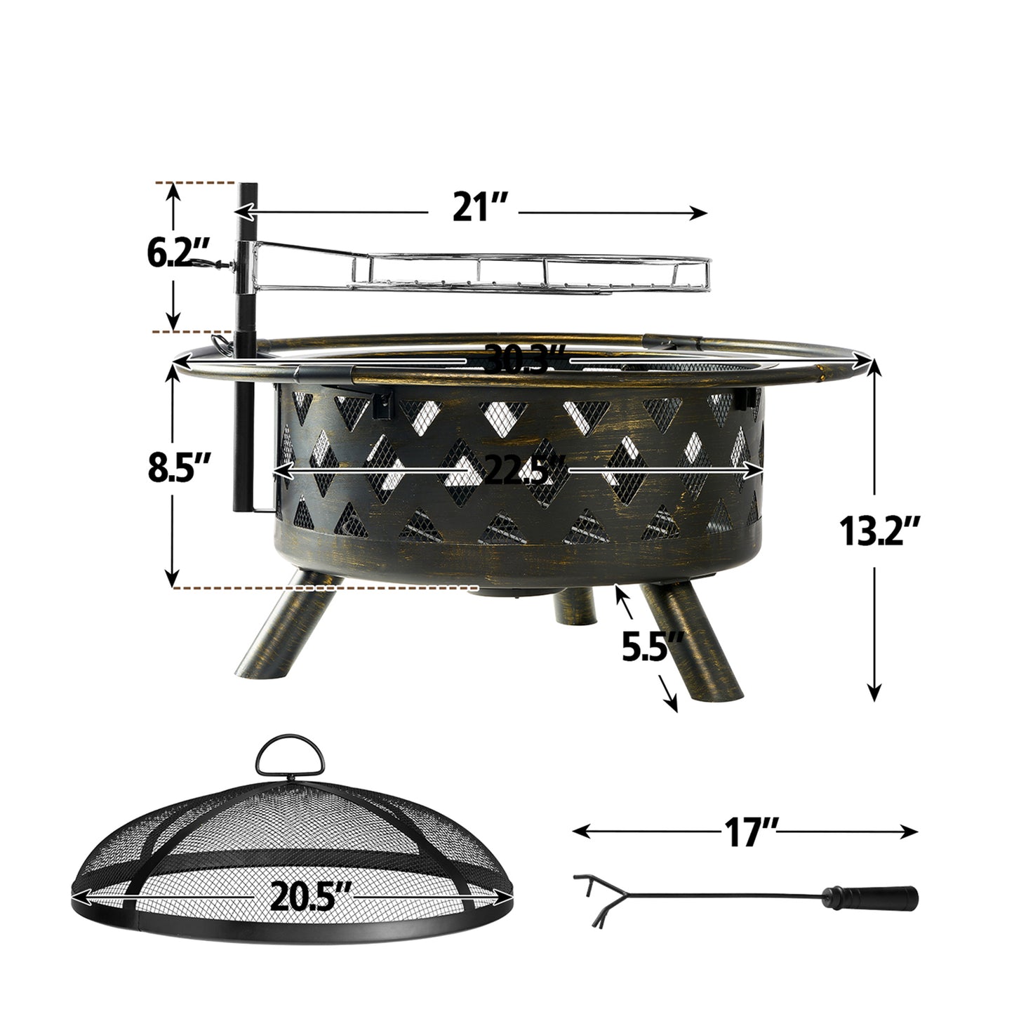 30'' 2-in-1 Heating & BBQ Fire Pit with Spark Screen and Fire Poker