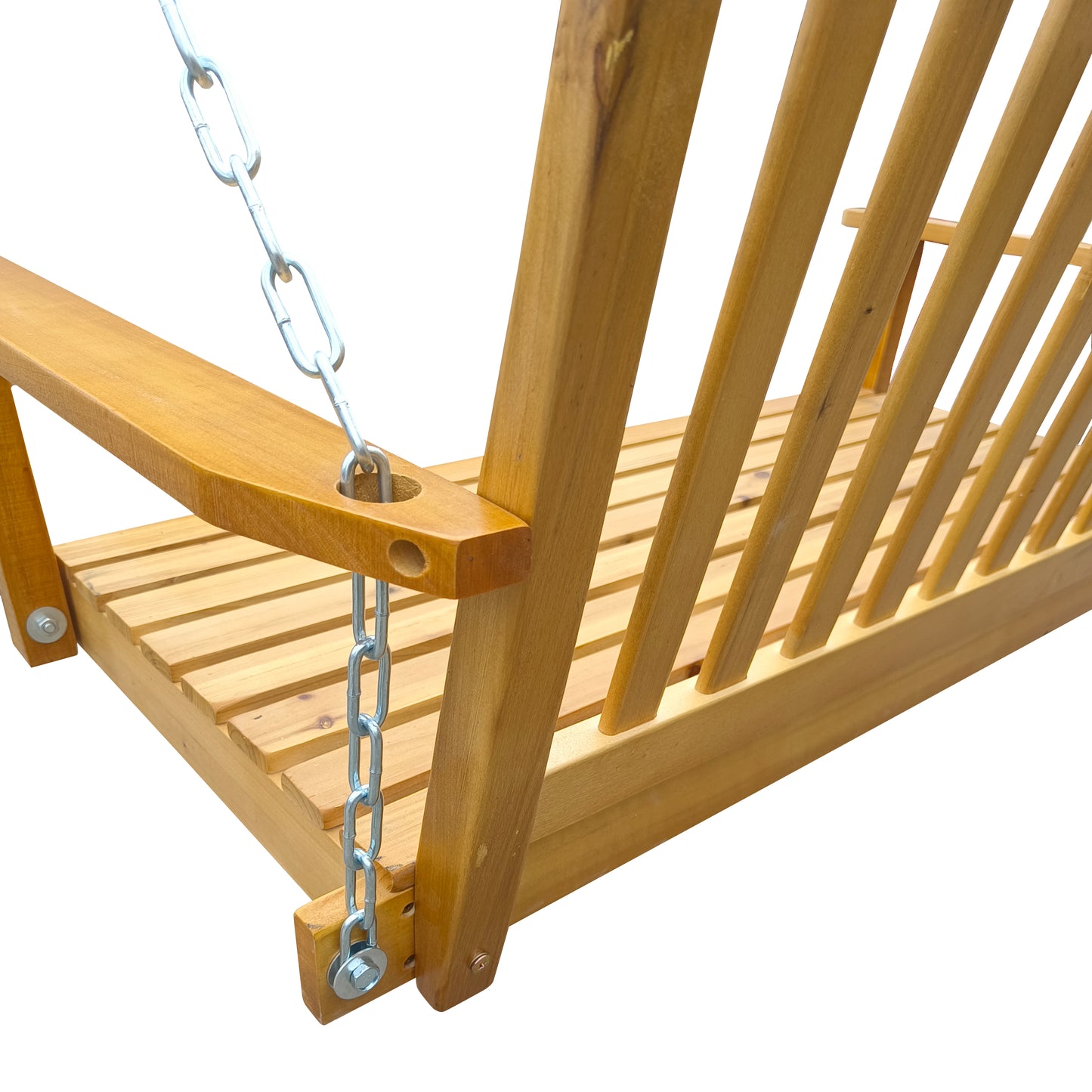 Front Porch Swing with Armrests, Outdoor Wood Bench Swing with Hanging Chains,Easy to Assemble,teak