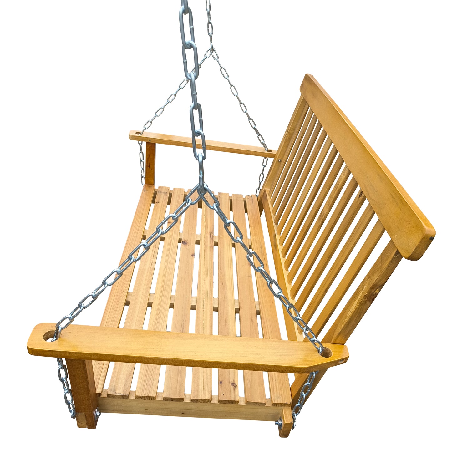 Front Porch Swing with Armrests, Outdoor Wood Bench Swing with Hanging Chains,Easy to Assemble,teak