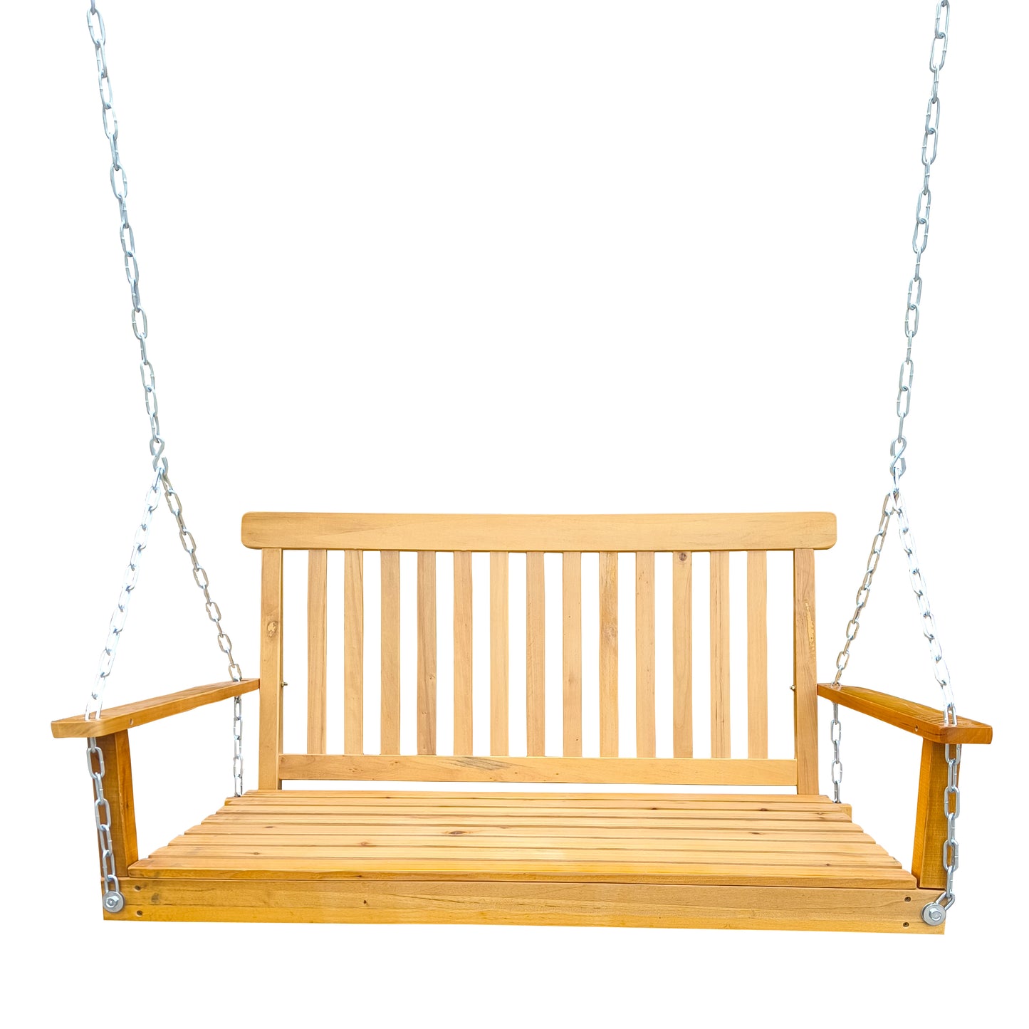 Front Porch Swing with Armrests, Outdoor Wood Bench Swing with Hanging Chains,Easy to Assemble,teak