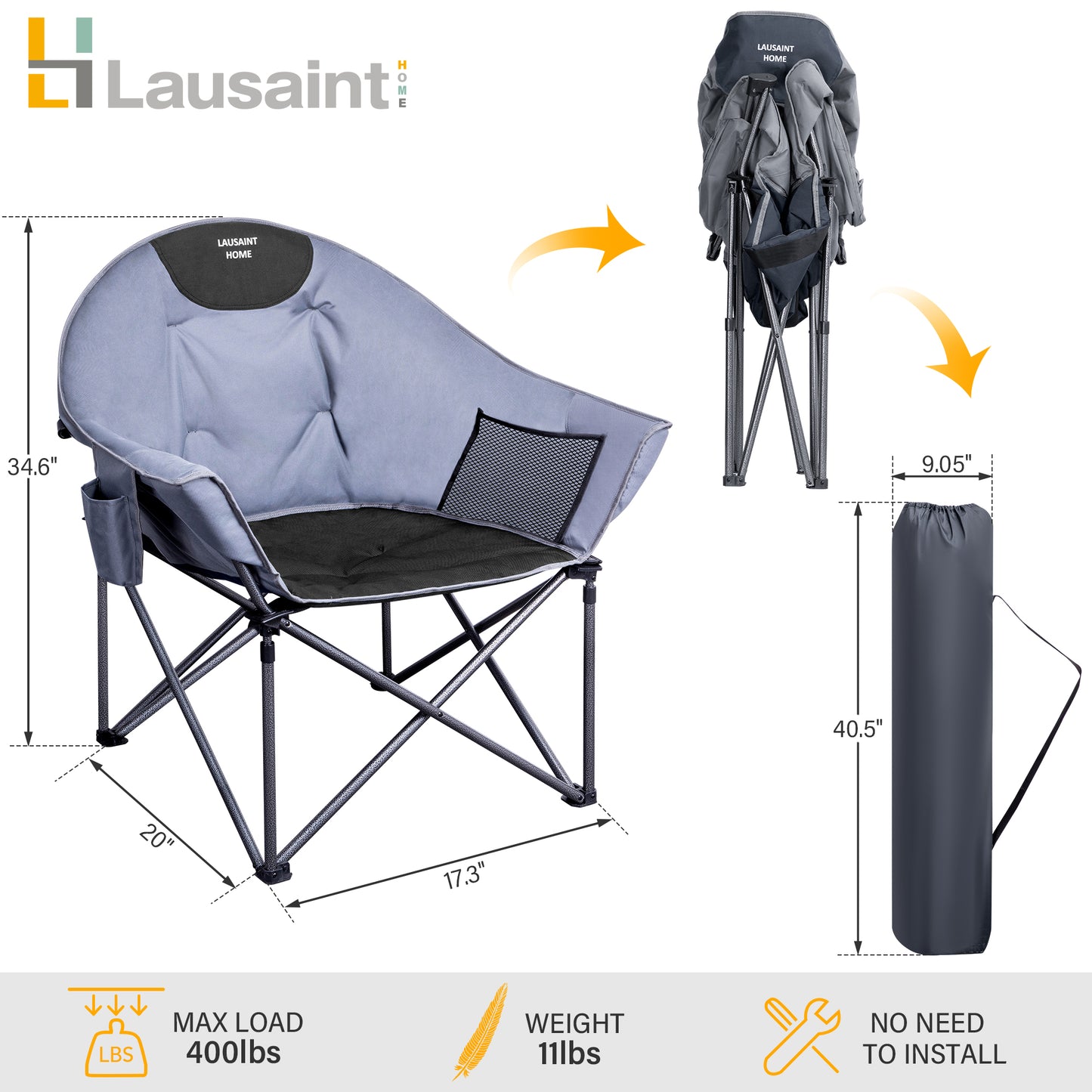 Folding Oversized Camping Chairs with Carrying Bag for Picnic Fishing, Max 400lbs(Blue grey)