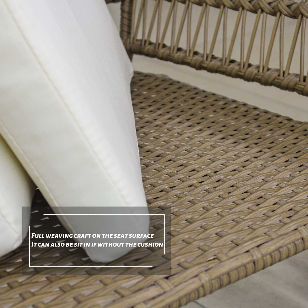Outdoor Patio Balcony Natural Color Wicker Chair Set with Beige Cushion and Round Tempered Glass Table