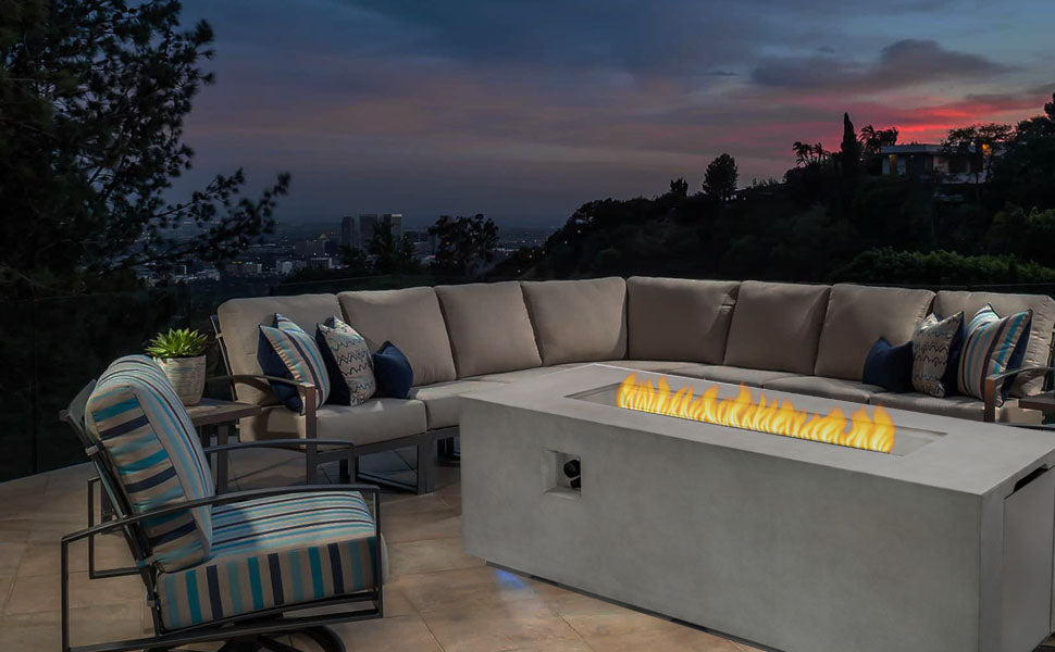 70"W Rectangular Concrete Propane Outdoor Fire Pit Table with Lid, Light Grey