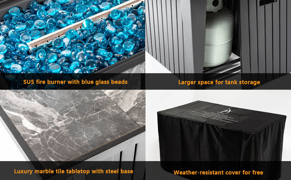 42'' Propane Fire Pit Table, Marble Tile Ceramic Tabletop with Glass Wind Guard, 50,000, Grey