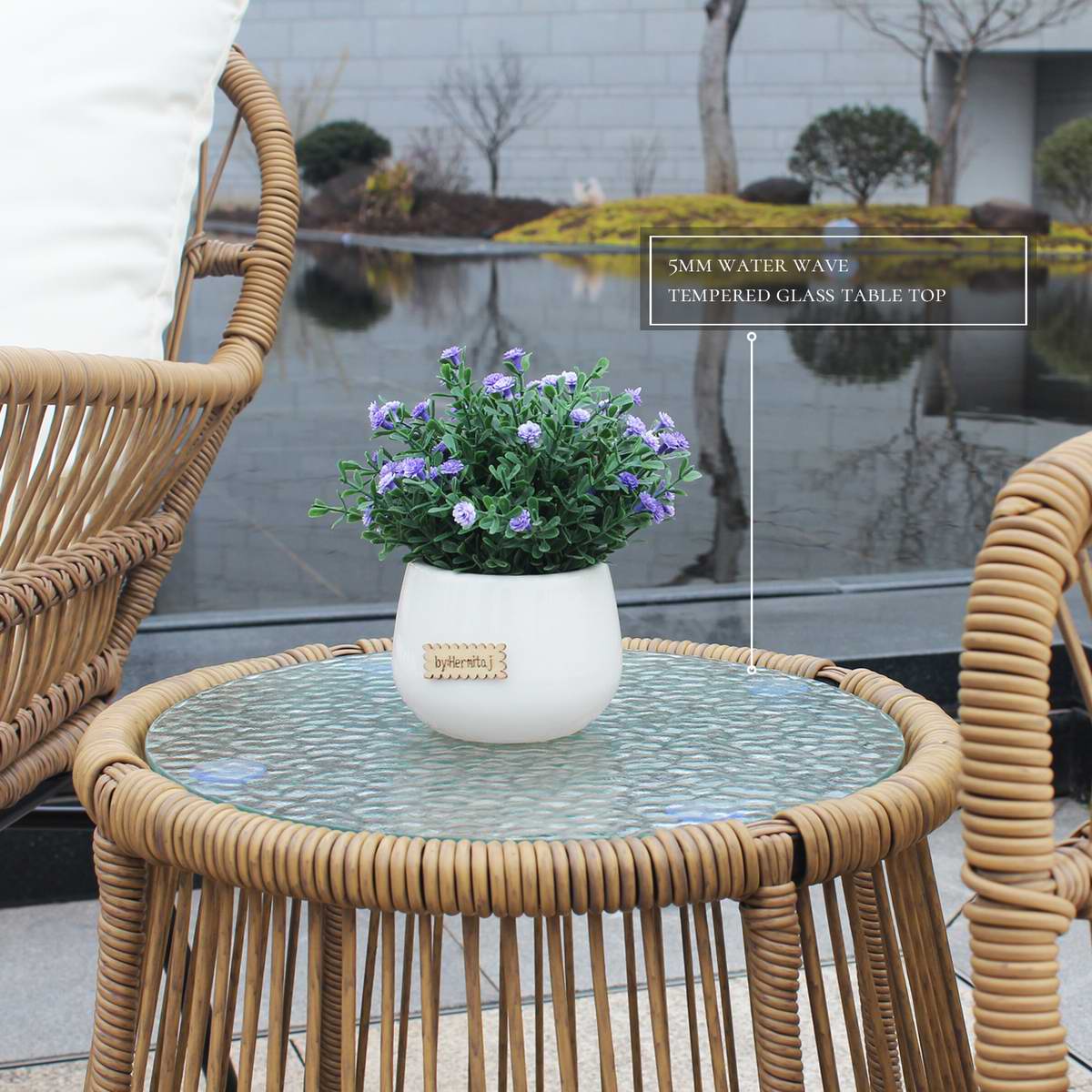 Outdoor Patio Balcony Natural Color Wicker Chair Set with Beige Cushion and Round Tempered Glass Table