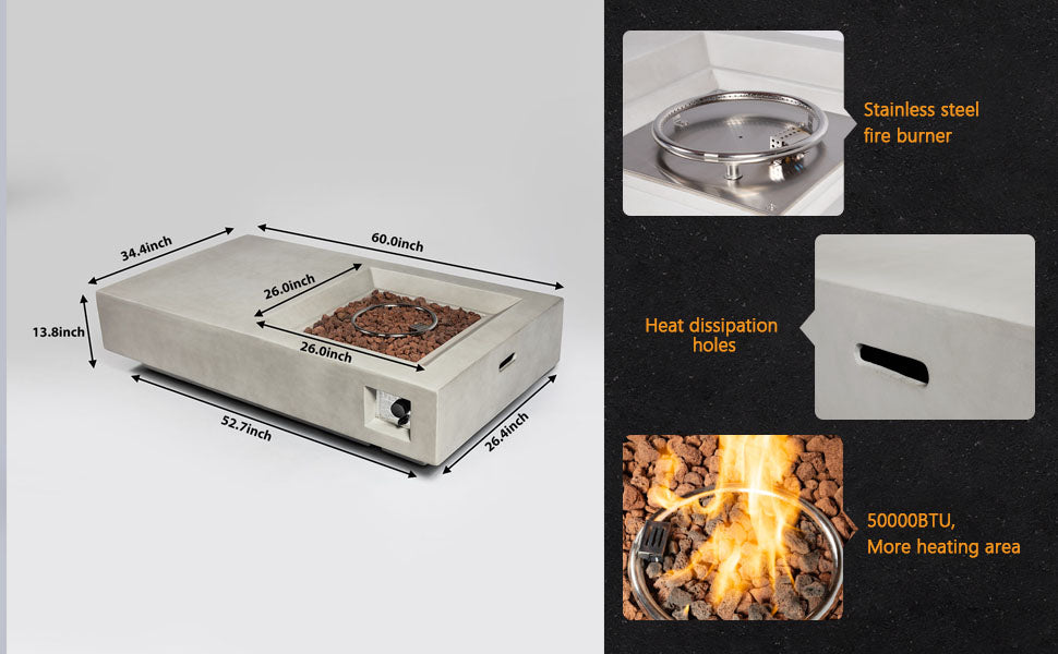 60'' Rectangular Concrete Propane/Natural Gas Fire Pit Table, 50000BTU