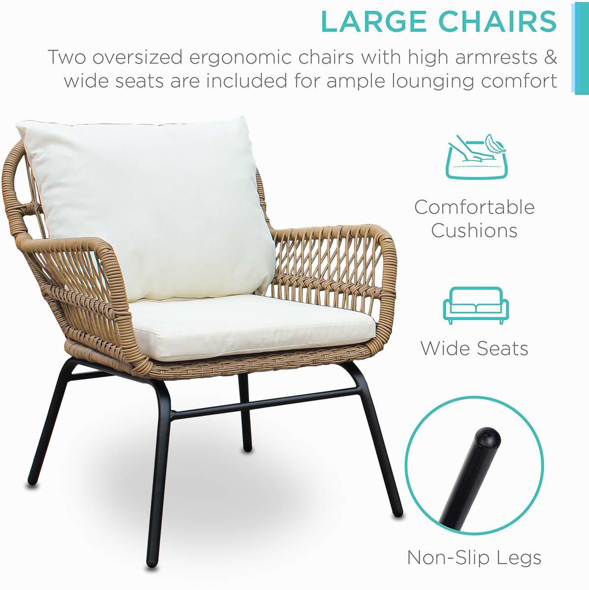 Outdoor Patio Balcony Natural Color Wicker Chair Set with Beige Cushion and Round Tempered Glass Table