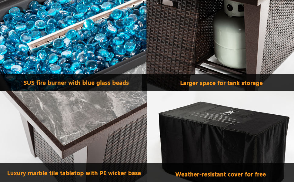 42'' Propane Fire Pit Table, Marble Tile Ceramic Tabletop with Glass Wind Guard