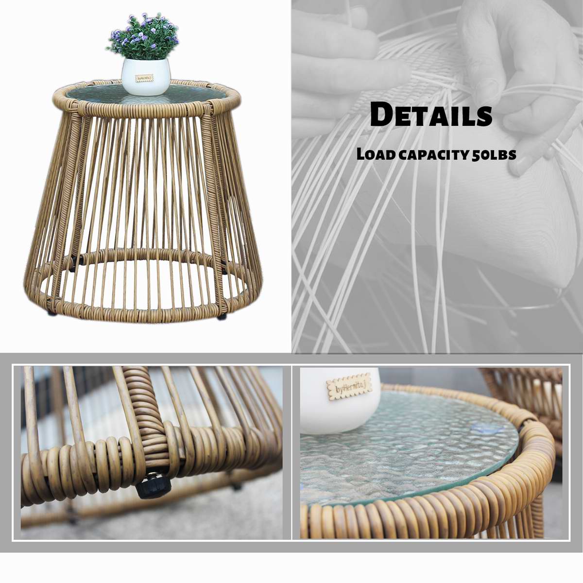 Outdoor Patio Balcony Natural Color Wicker Chair Set with Beige Cushion and Round Tempered Glass Table