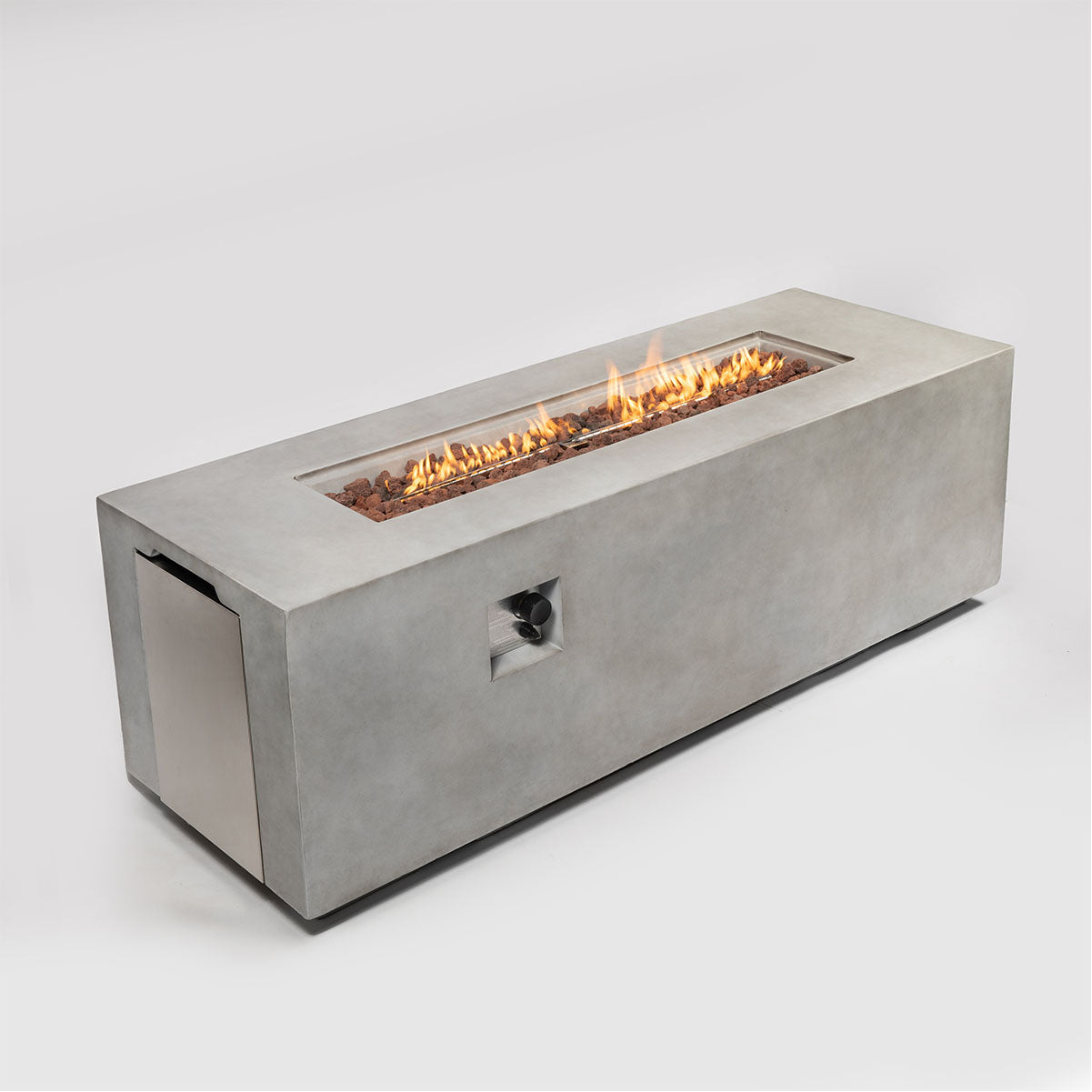 70"W Rectangular Concrete Propane Outdoor Fire Pit Table with Lid, Light Grey