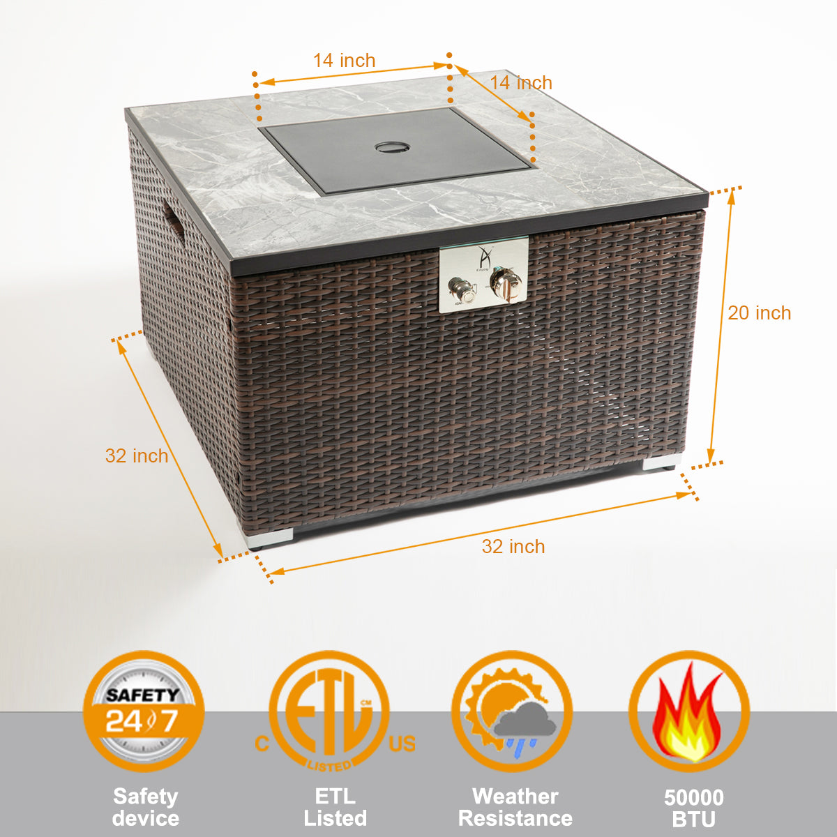 32" Outdoor Wicker Propane/Natural Gas Fire Pit Table,Square Gas Fire Pit with Marble Textured Ceramic Tabletop