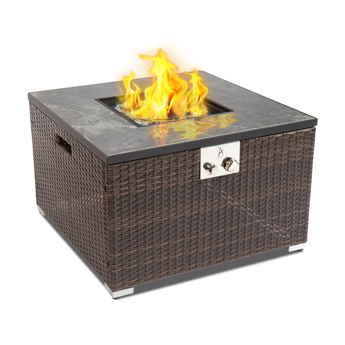 32" Outdoor Wicker Propane/Natural Gas Fire Pit Table,Square Gas Fire Pit with Marble Textured Ceramic Tabletop
