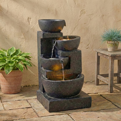 29-Inch Terrazzo Style LED Outdoor Indoor Water Fountain with Cascading Bowls & Stacked Stones – 4-Tier Ideal Waterfalls for Gardens, Patios to Create a Serene Retreat in Outdoor Living Areas