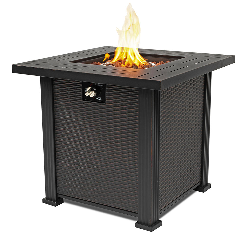 28" Square gas fire pit table with beautiful wicker texture on steady steel, 50000BTU