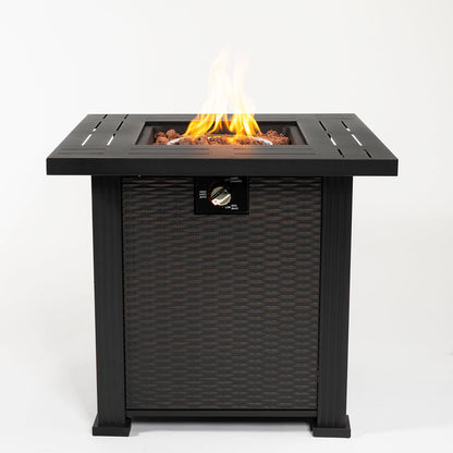 28" Square gas fire pit table with beautiful wicker texture on steady steel, 50000BTU