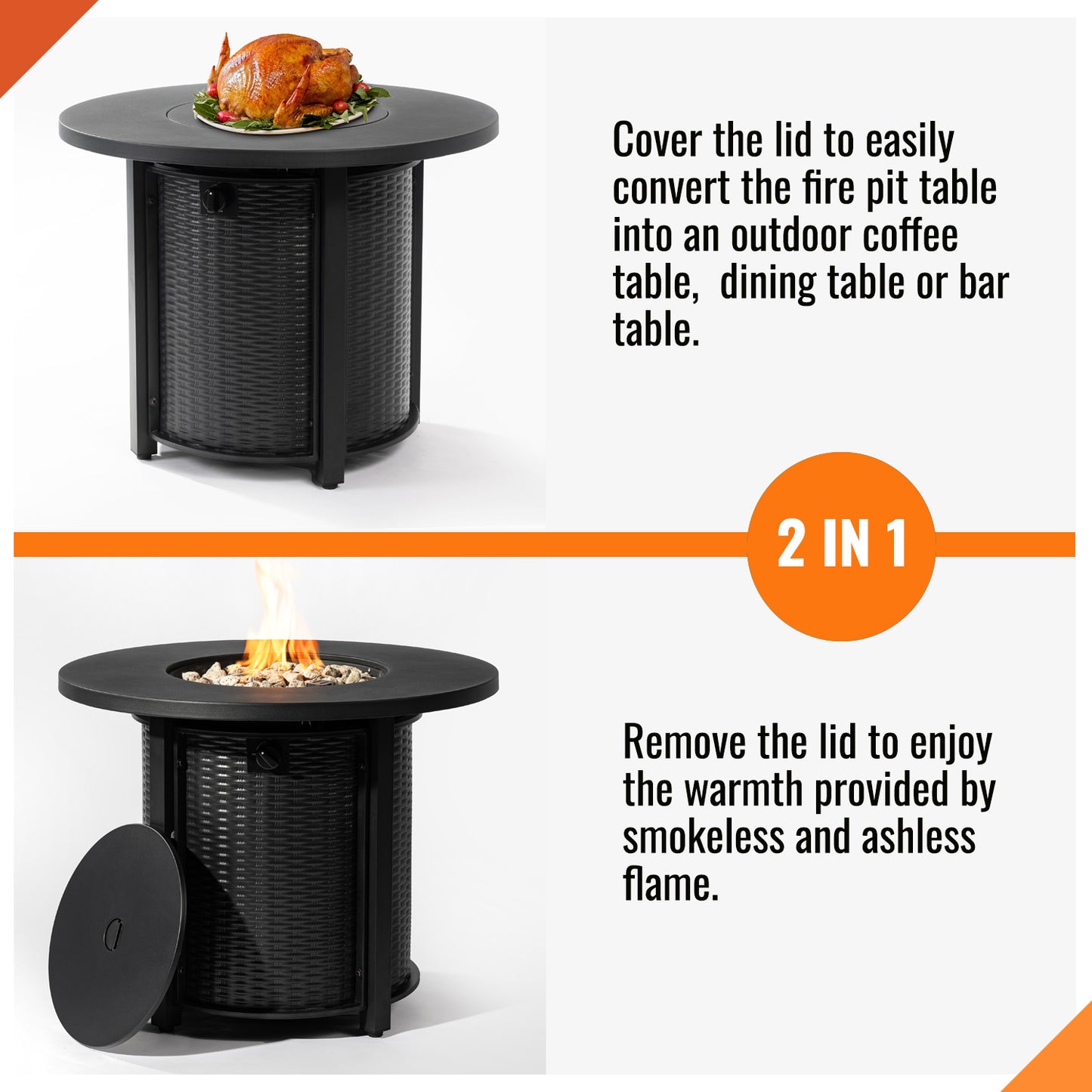 AJ Enjoy 32'' Round Wicker Propane/Natural Gas Fire Pit Table, Black
