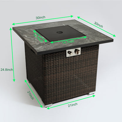 30" Outdoor Wicker Propane/Natural Gas Fire Pit Table,Square Gas Fire Pit with Marble Textured Ceramic Tabletop