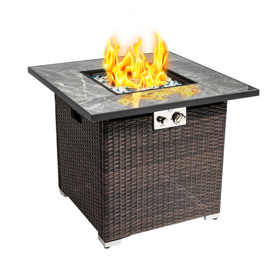30" Outdoor Wicker Propane/Natural Gas Fire Pit Table,Square Gas Fire Pit with Marble Textured Ceramic Tabletop