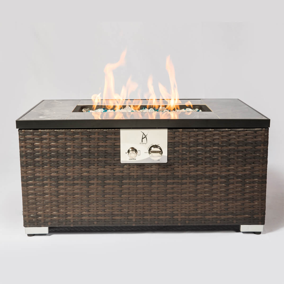 32'' Propane Fire Pit Table, Marble Textured Ceramic Tabletop, 50,000 BTU Fire Table with Brown Wicker, Mix Color Glass Bead, Including Lid&Cover, Rectangle