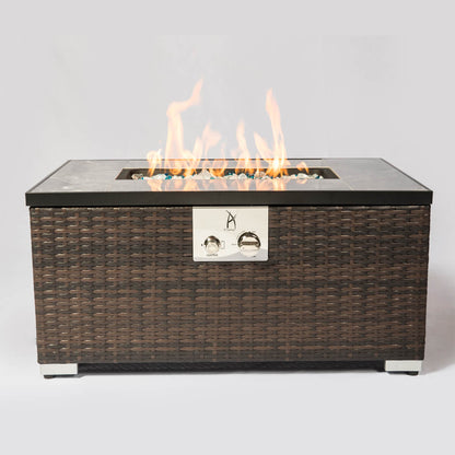 32'' Propane Fire Pit Table, Marble Textured Ceramic Tabletop, 50,000 BTU Fire Table with Brown Wicker, Mix Color Glass Bead, Including Lid&Cover, Rectangle
