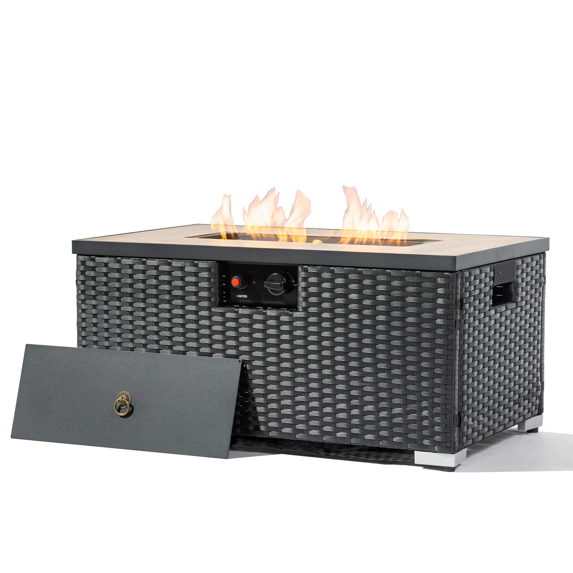 32'' Propane Fire Pit Table, Marble Textured Ceramic Tabletop, 50,000 BTU Fire Table with Brown Wicker, Mix Color Glass Bead, Including Lid&Cover, Rectangle, Black