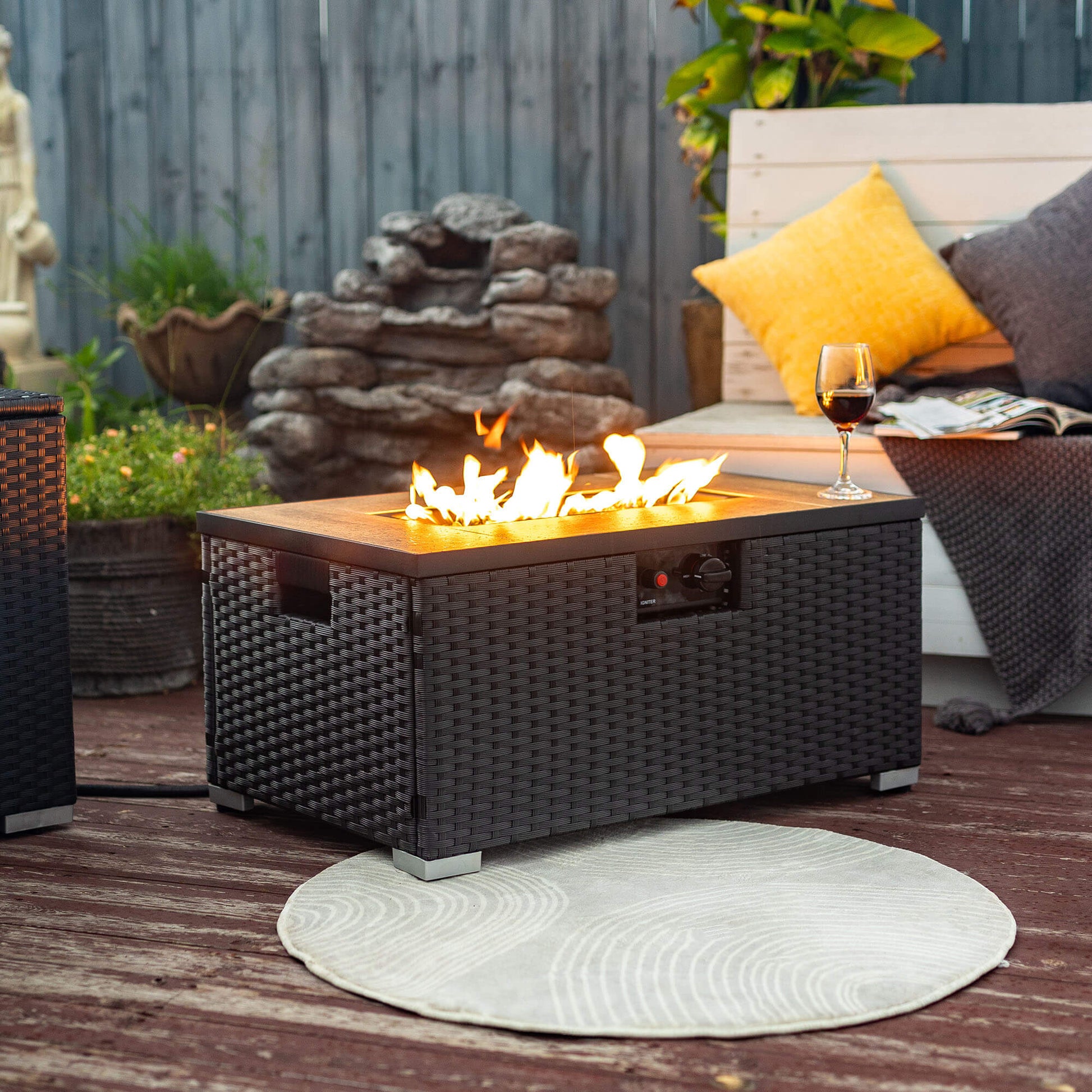 32'' Propane Fire Pit Table, Marble Textured Ceramic Tabletop, 50,000 BTU Fire Table with Brown Wicker, Mix Color Glass Bead, Including Lid&Cover, Rectangle, Black