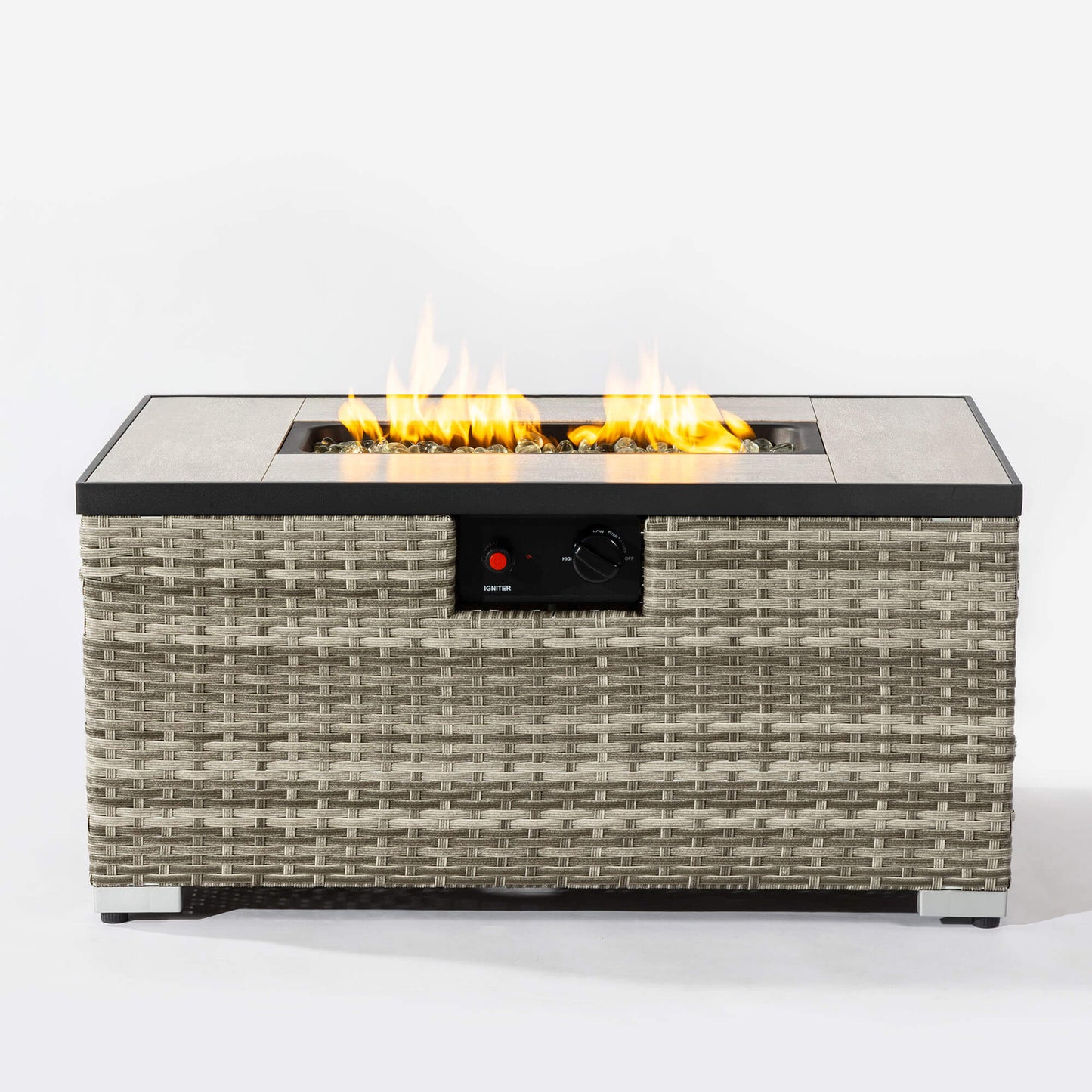 32'' Propane Fire Pit Table, Marble Textured Ceramic Tabletop, 50,000 BTU Fire Table with Brown Wicker, Mix Color Glass Bead, Including Lid&Cover, Rectangle, Gray