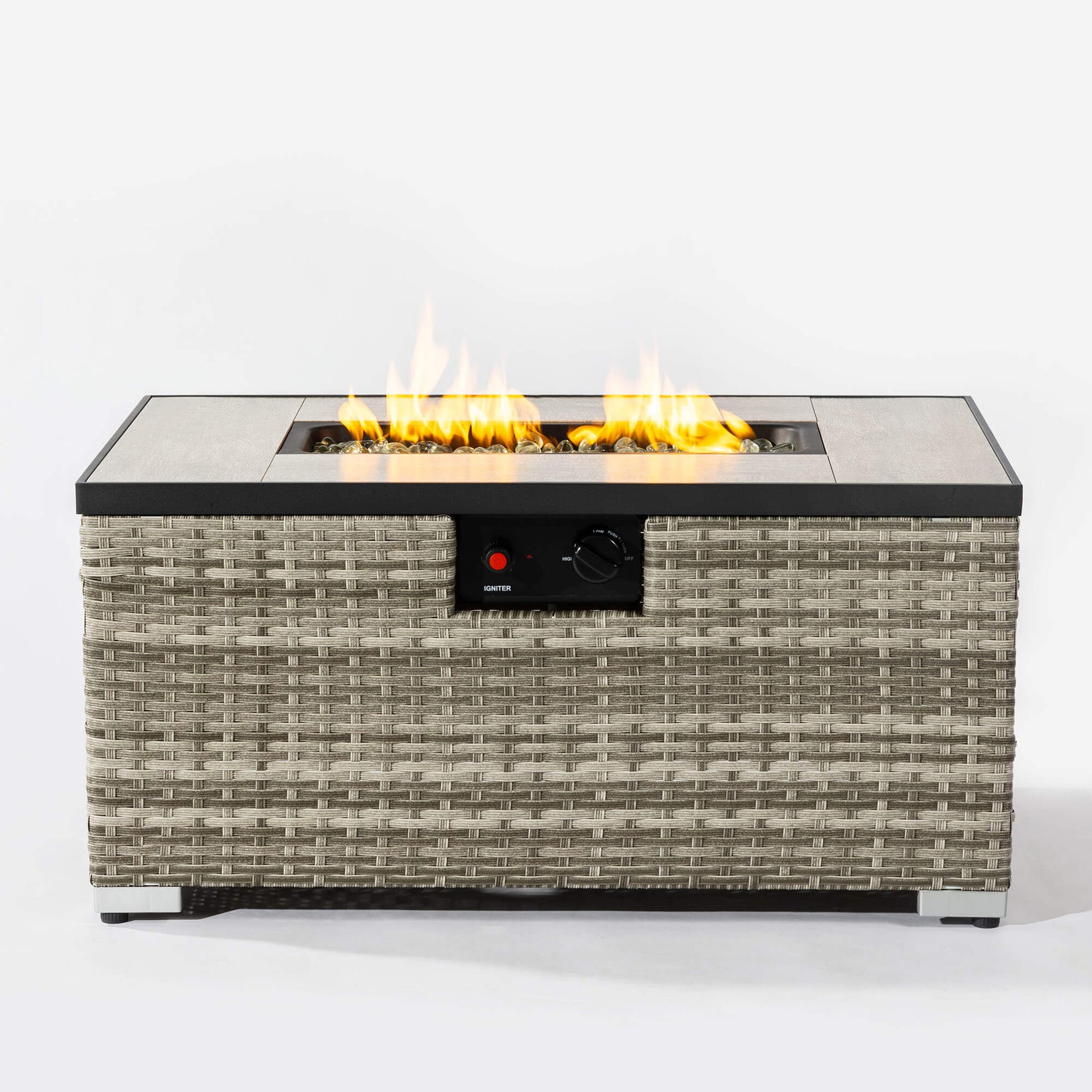 32'' Propane Fire Pit Table, Marble Textured Ceramic Tabletop, 50,000 BTU Fire Table with Brown Wicker, Mix Color Glass Bead, Including Lid&Cover, Rectangle, Gray