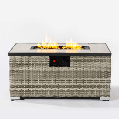 32'' Propane Fire Pit Table, Marble Textured Ceramic Tabletop, 50,000 BTU Fire Table with Brown Wicker, Mix Color Glass Bead, Including Lid&Cover, Rectangle, Gray