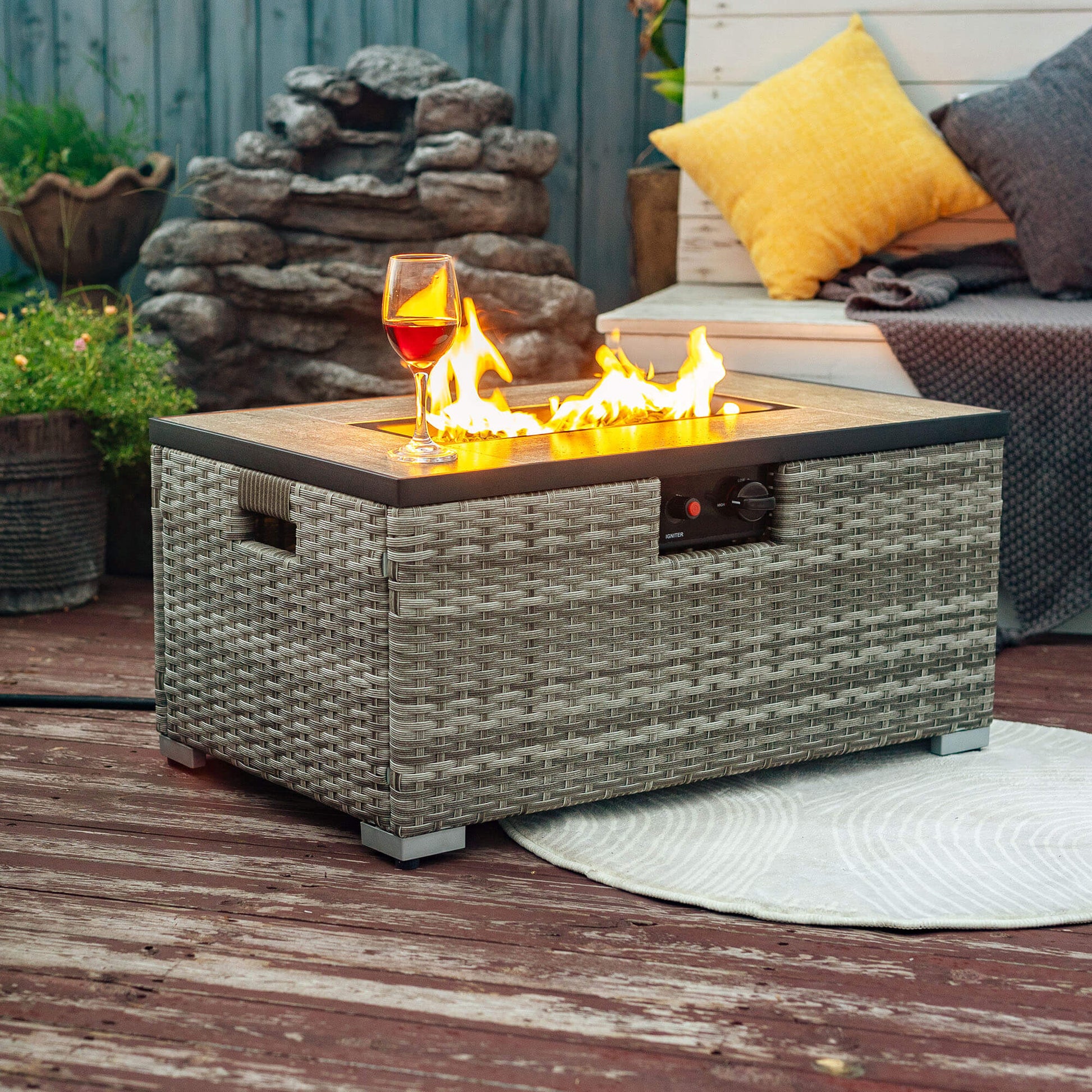 32'' Propane Fire Pit Table, Marble Textured Ceramic Tabletop, 50,000 BTU Fire Table with Brown Wicker, Mix Color Glass Bead, Including Lid&Cover, Rectangle, Gray