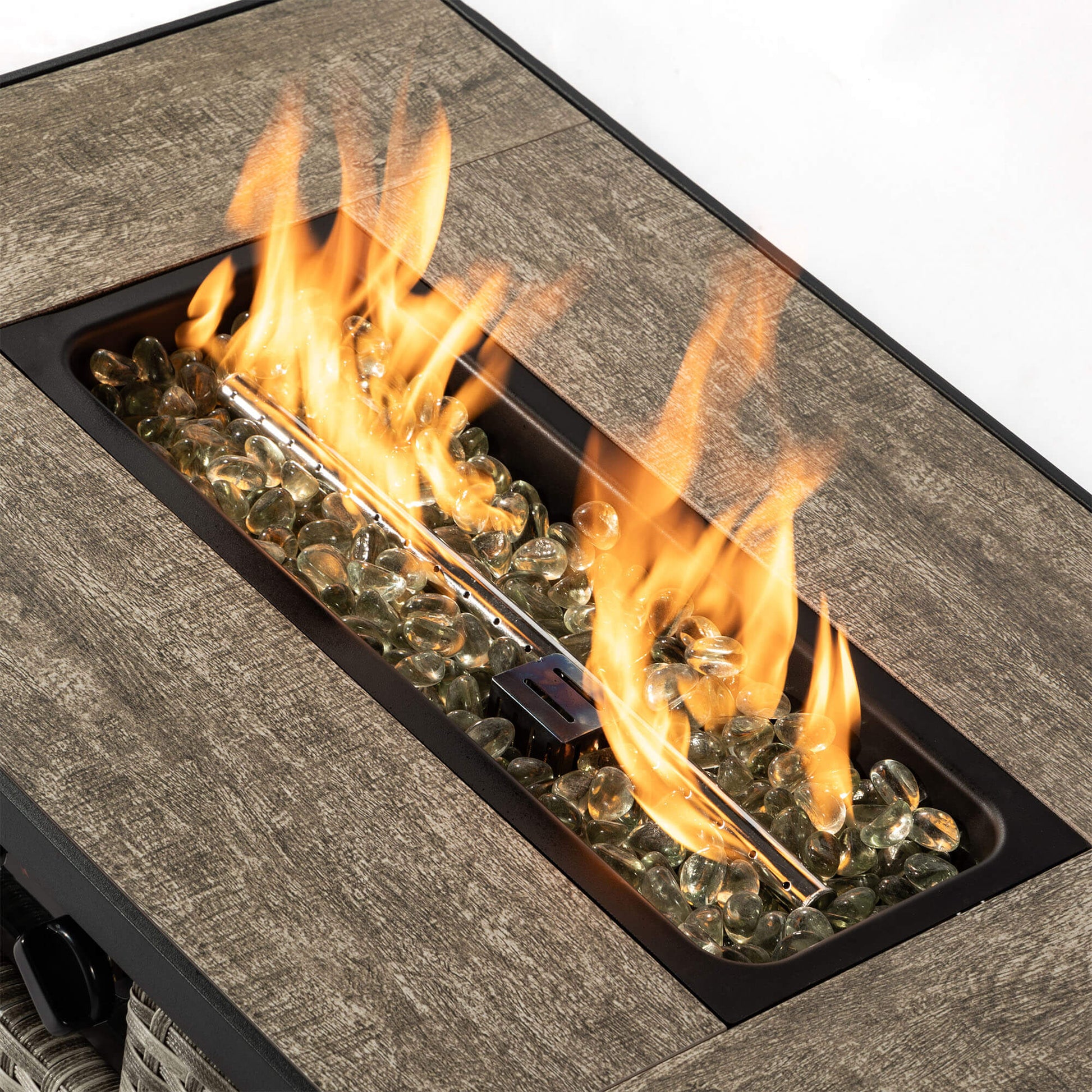 32'' Propane Fire Pit Table, Marble Textured Ceramic Tabletop, 50,000 BTU Fire Table with Brown Wicker, Mix Color Glass Bead, Including Lid&Cover, Rectangle, Gray