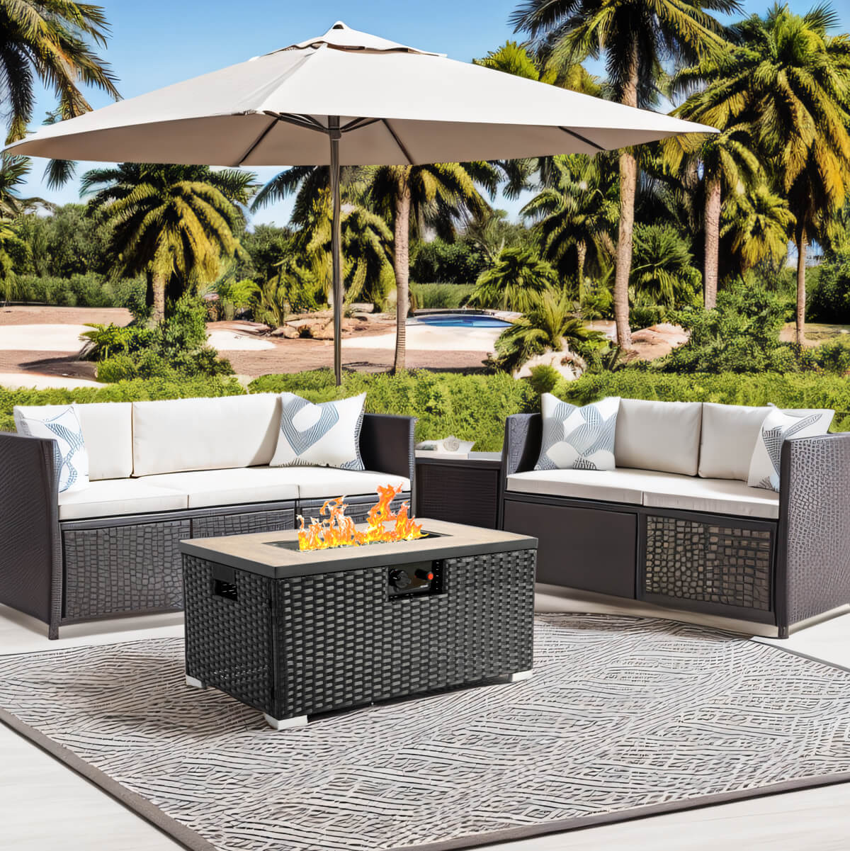 32'' Propane Fire Pit Table, Marble Textured Ceramic Tabletop, 50,000 BTU Fire Table with Brown Wicker, Mix Color Glass Bead, Including Lid&Cover, Rectangle, Black