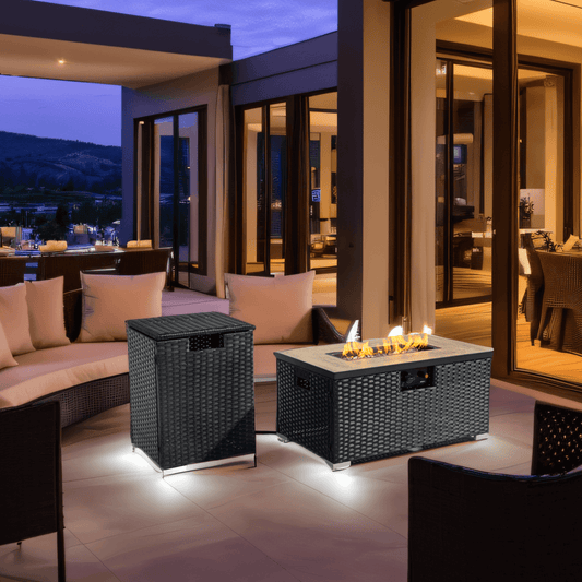 32'' Propane Fire Pit Table Set , Marble Textured Ceramic Tabletop, 50,000 BTU Fire Table with Brown Wicker, Mix Color Glass Bead, Including Lid&Cover, Rectangle, Black
