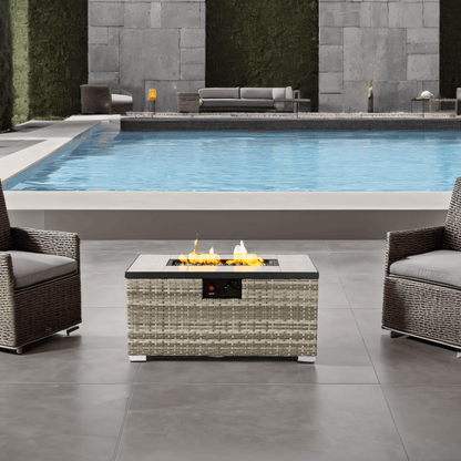 32'' Propane Fire Pit Table, Marble Textured Ceramic Tabletop, 50,000 BTU Fire Table with Brown Wicker, Mix Color Glass Bead, Including Lid&Cover, Rectangle, Gray