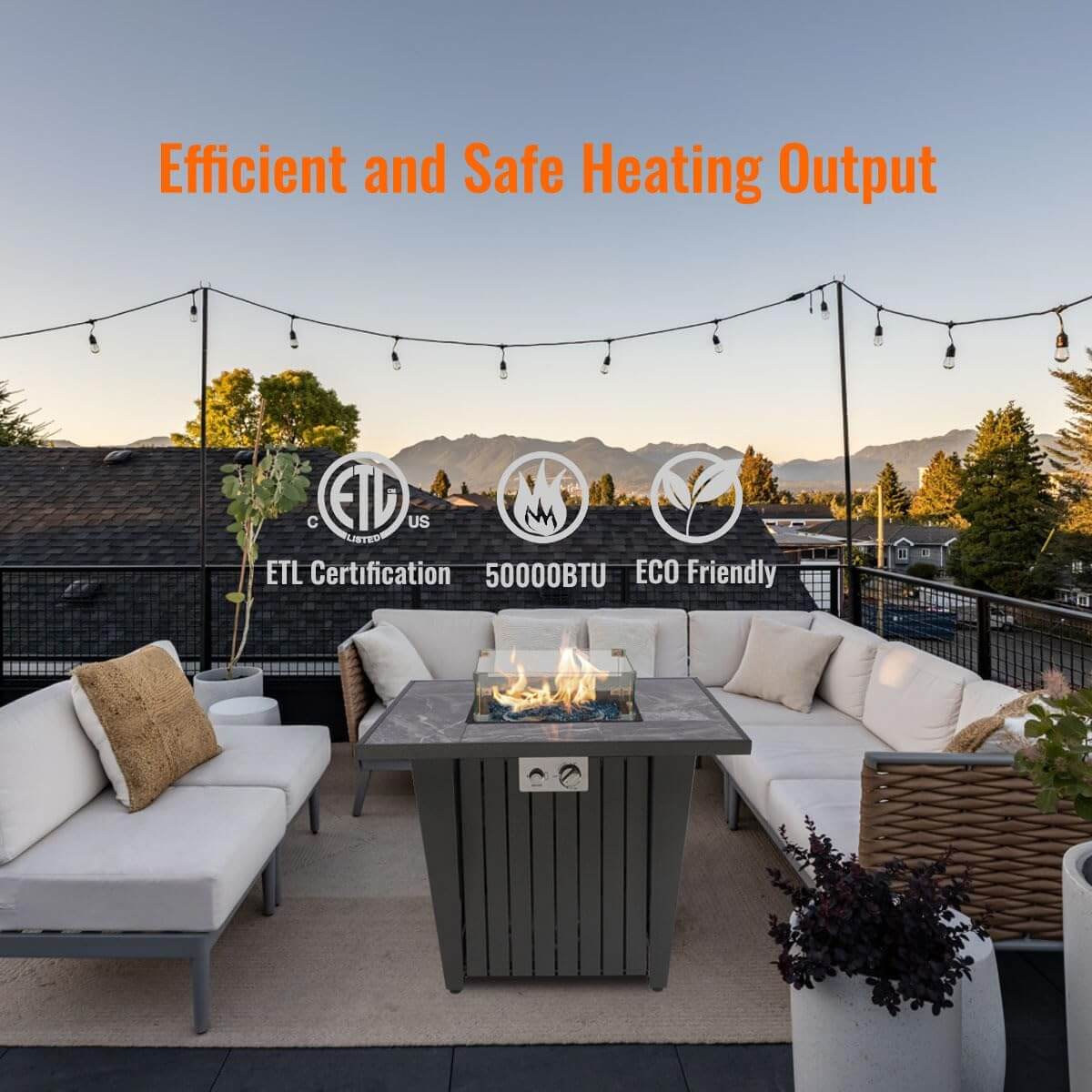 32'' Propane Fire Pit Table, Marble Tile Ceramic Tabletop with Glass Wind Guard, 50,000 BTU, Grey