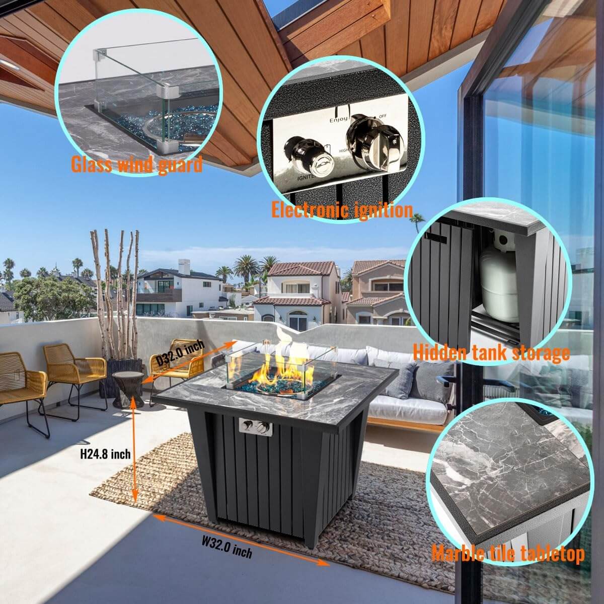 32'' Propane Fire Pit Table, Marble Tile Ceramic Tabletop with Glass Wind Guard, 50,000 BTU, Grey