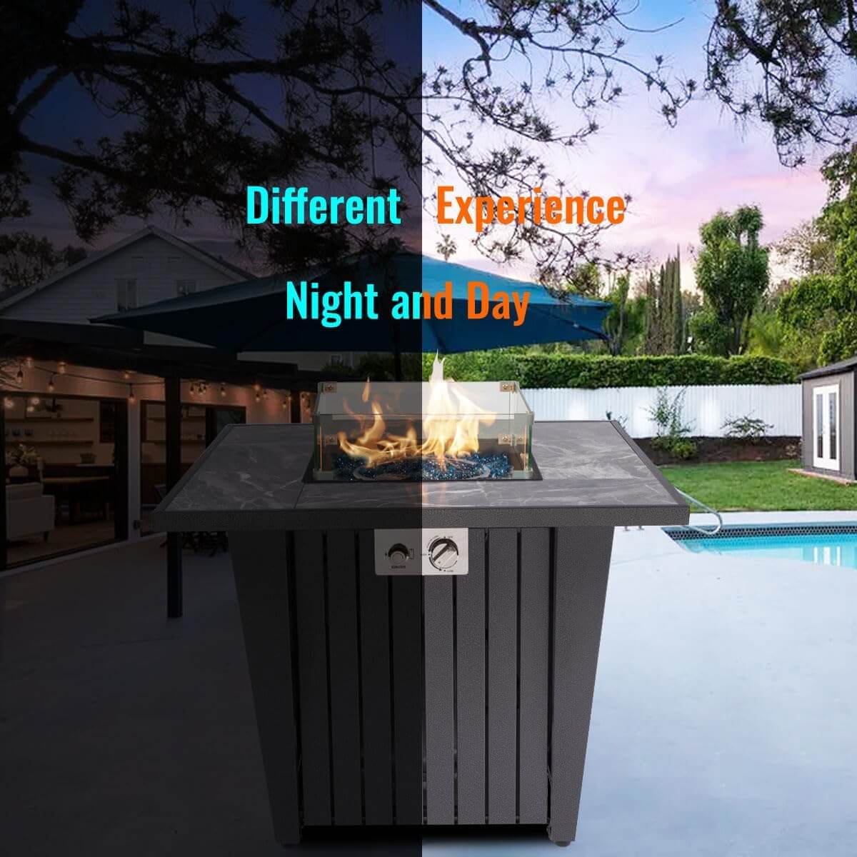 32'' Propane Fire Pit Table, Marble Tile Ceramic Tabletop with Glass Wind Guard, 50,000 BTU, Grey