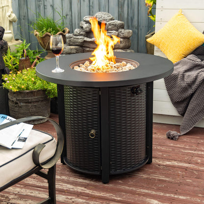 32 Inch Outdoor Round Wicker Propane/Natural Gas Fire Pit Table, 50,000 BTU Steel Gas FirePit with Steel Lid
